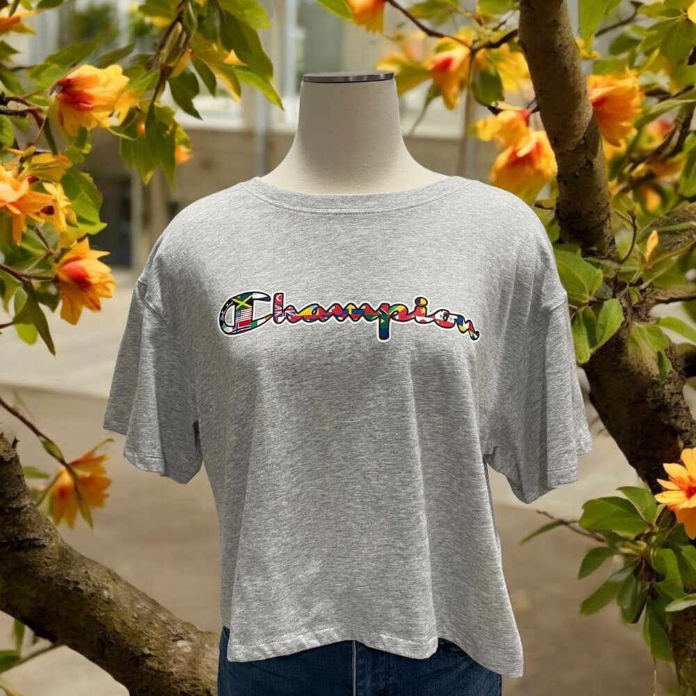 Champion Women's L Grey Graphic Crop T-Shirt Size M Athleisure Casual Workout